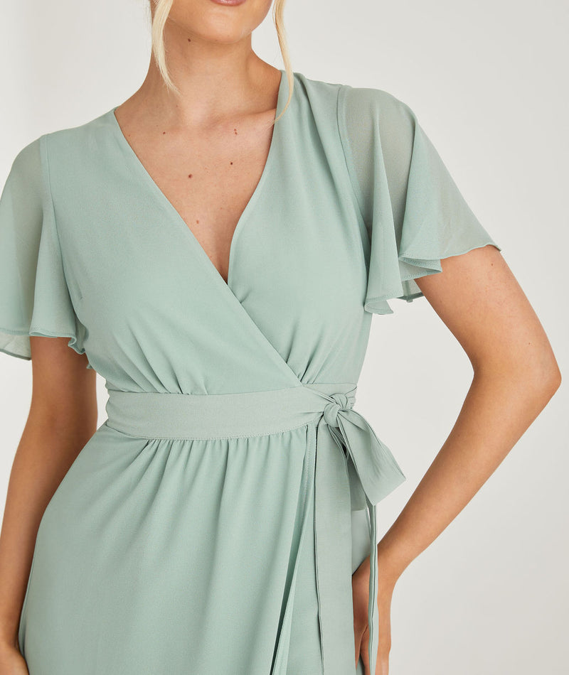 Flutter Sleeve Wrap Tie Chiffon Bridesmaid Dress - Sage