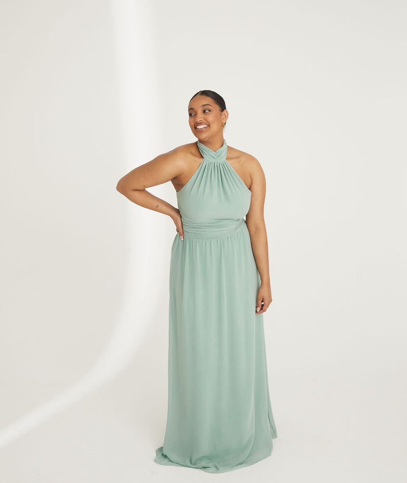 Halter Neck Pleated Waist Chiffon Bridesmaid Dress - Sage