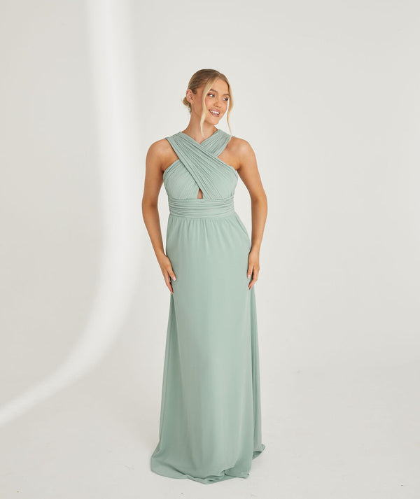 Cross Neck Pleated Waist Chiffon Bridesmaid Dress - Sage