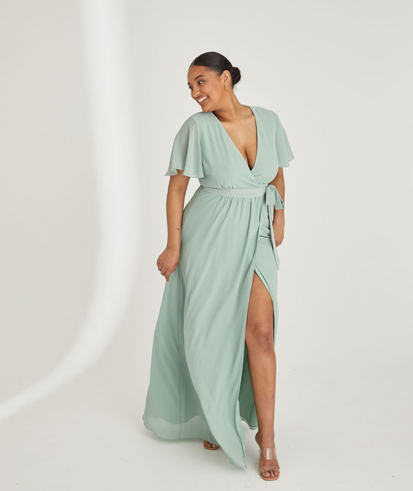 Flutter Sleeve Wrap Tie Chiffon Bridesmaid Dress - Sage