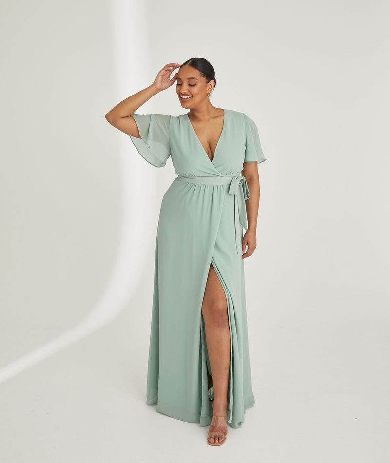 Flutter Sleeve Wrap Tie Chiffon Bridesmaid Dress - Sage