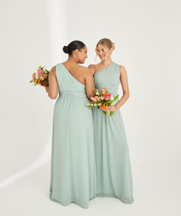 One Shoulder Pleated Waist Chiffon Bridesmaid Dress - Sage