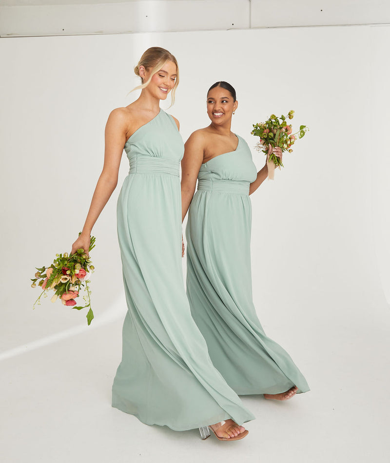 One Shoulder Pleated Waist Chiffon Bridesmaid Dress - Sage