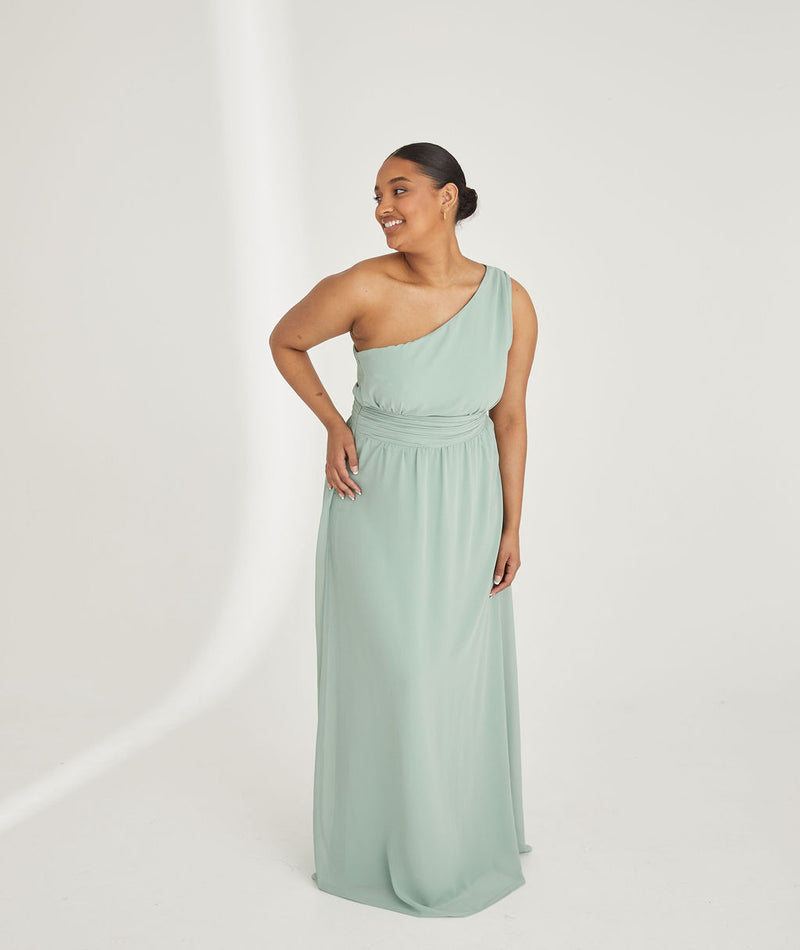 One Shoulder Pleated Waist Chiffon Bridesmaid Dress - Sage