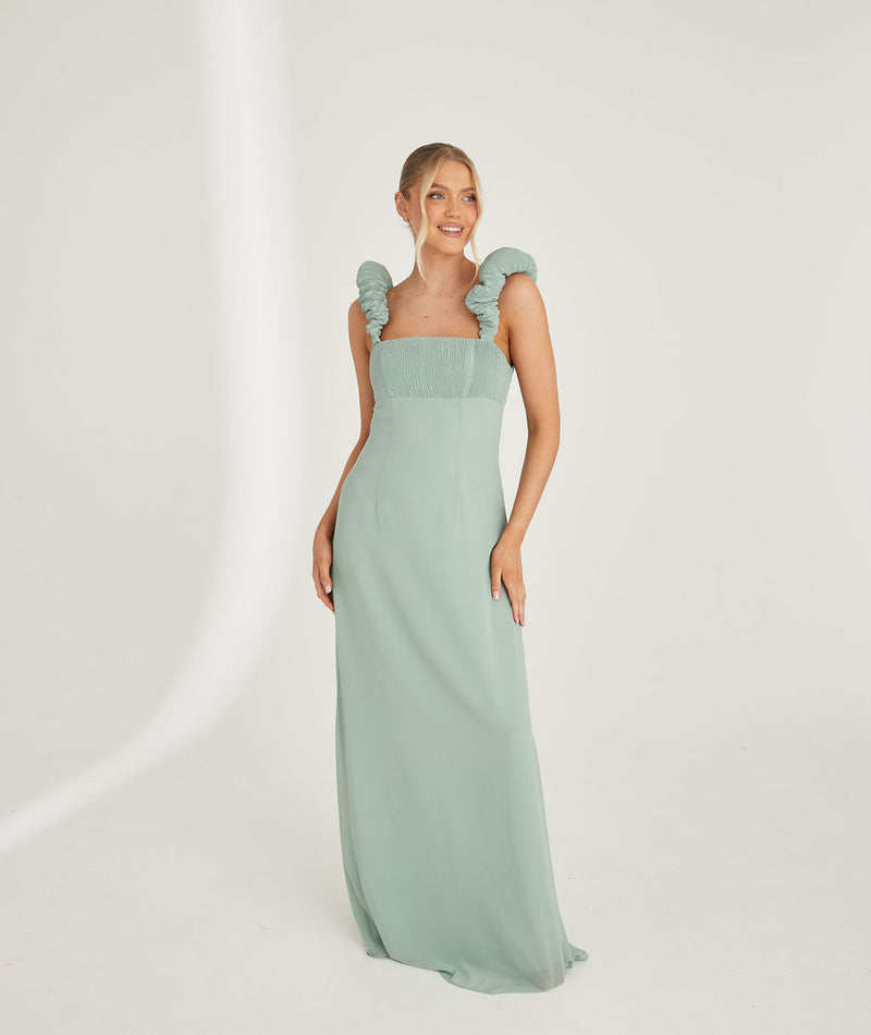 Pleated Statement Shoulder Chiffon Bridesmaid Dress - Sage