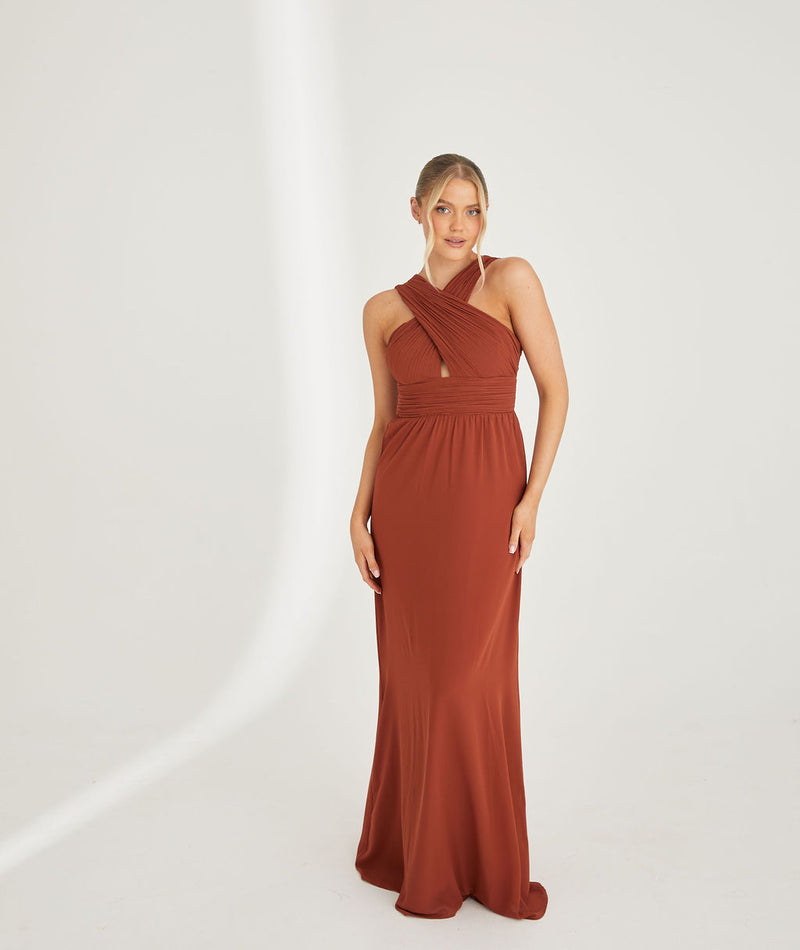 Cross Neck Pleated Waist Chiffon Bridesmaid Dress - Rust