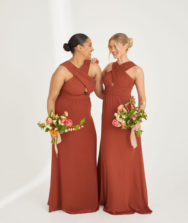 Cross Neck Pleated Waist Chiffon Bridesmaid Dress - Rust