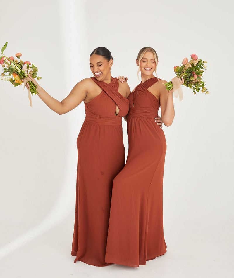 Cross Neck Pleated Waist Chiffon Bridesmaid Dress - Rust