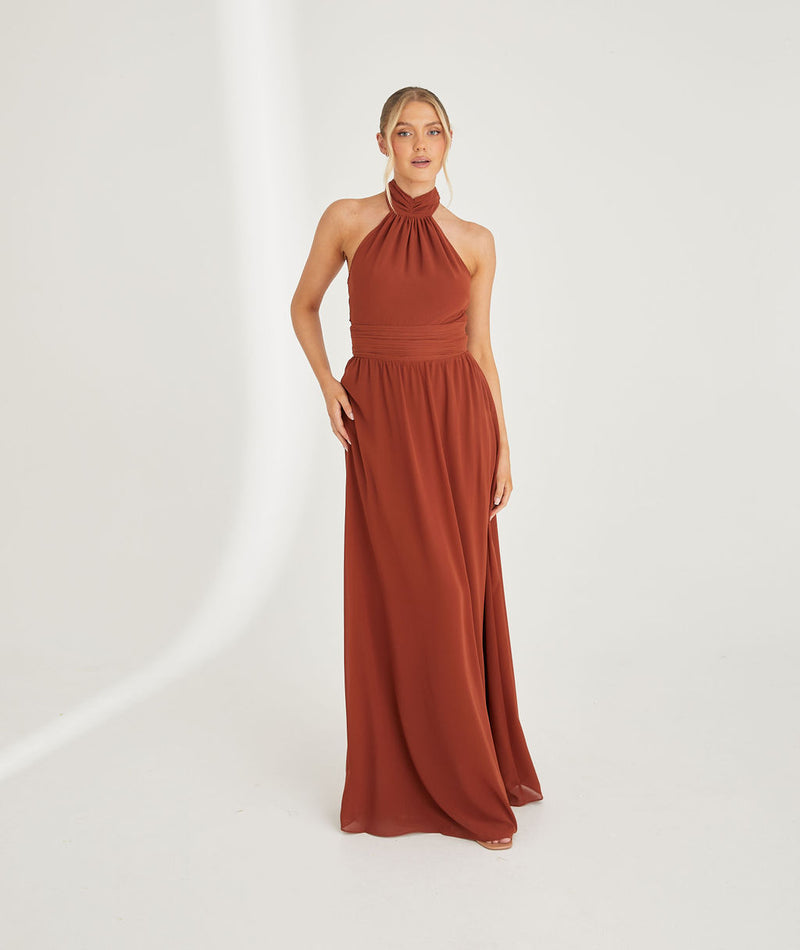 Halter Neck Pleated Waist Chiffon Bridesmaid Dress - Rust