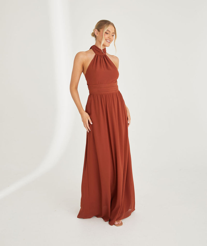 Halter Neck Pleated Waist Chiffon Bridesmaid Dress - Rust