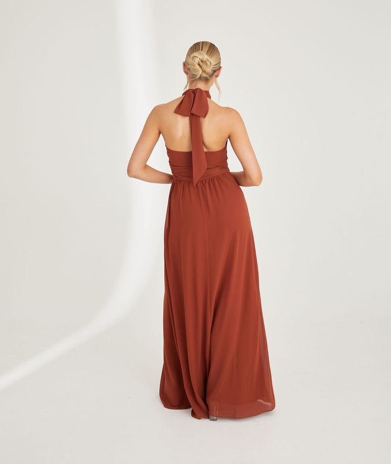 Halter Neck Pleated Waist Chiffon Bridesmaid Dress - Rust