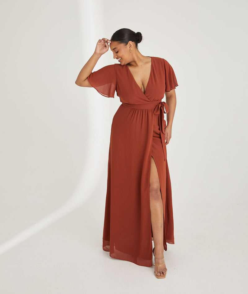 Flutter Sleeve Wrap Tie Chiffon Bridesmaid Dress - Rust