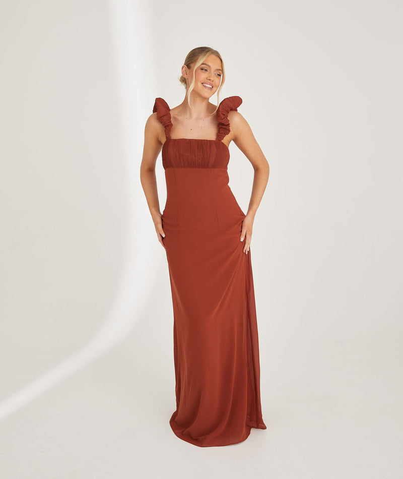 Pleated Statement Shoulder Chiffon Bridesmaid Dress - Rust