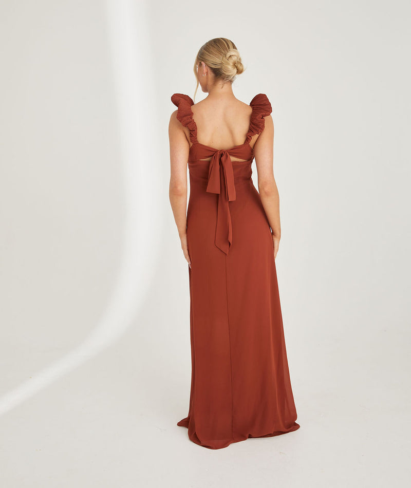 Pleated Statement Shoulder Chiffon Bridesmaid Dress - Rust