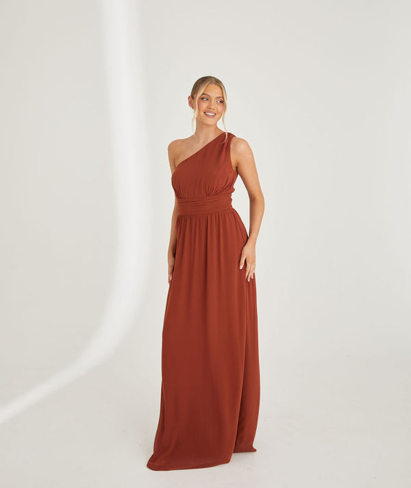 One Shoulder Pleated Waist Chiffon Bridesmaid Dress - Rust