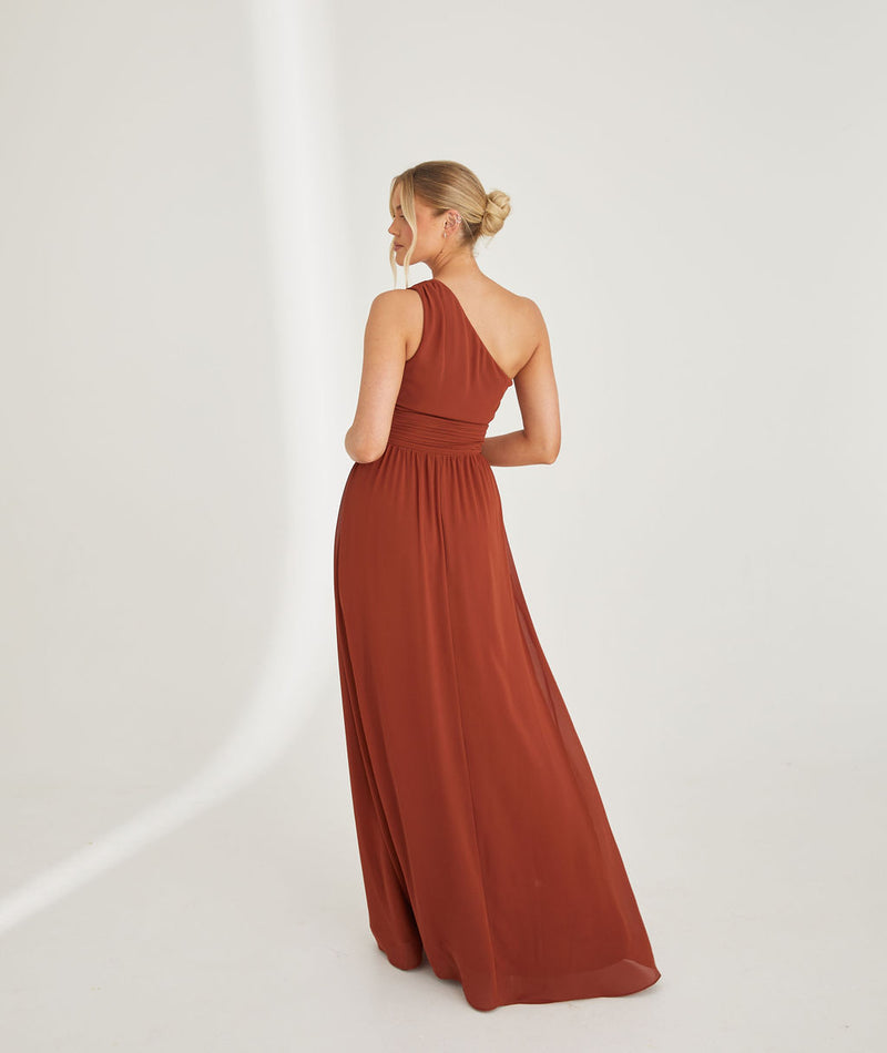 One Shoulder Pleated Waist Chiffon Bridesmaid Dress - Rust