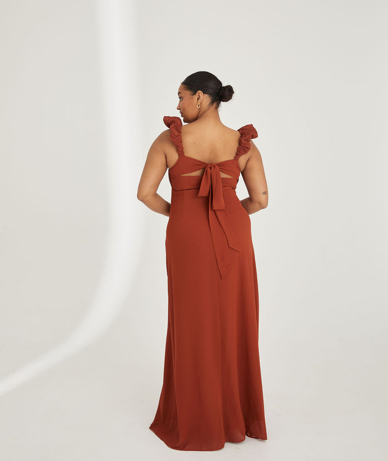 Pleated Statement Shoulder Chiffon Bridesmaid Dress - Rust