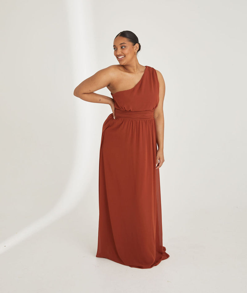 One Shoulder Pleated Waist Chiffon Bridesmaid Dress - Rust