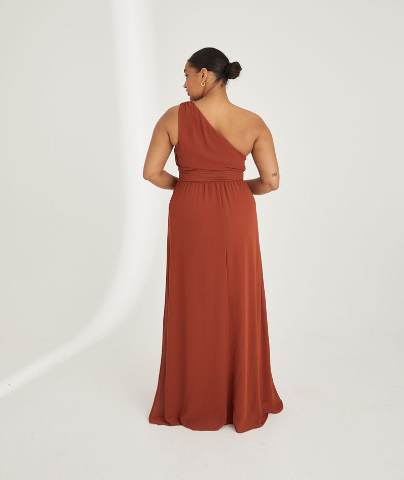 One Shoulder Pleated Waist Chiffon Bridesmaid Dress - Rust