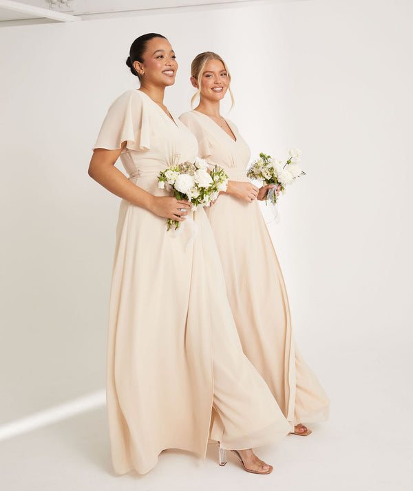 Flutter Sleeve Wrap Tie Chiffon Bridesmaid Dress - Vintage Cream