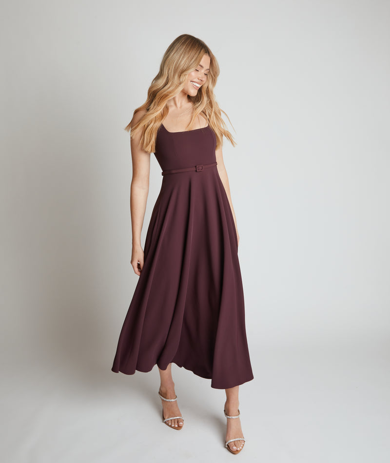 Square Neck Belted Midi Dress - Burgundy