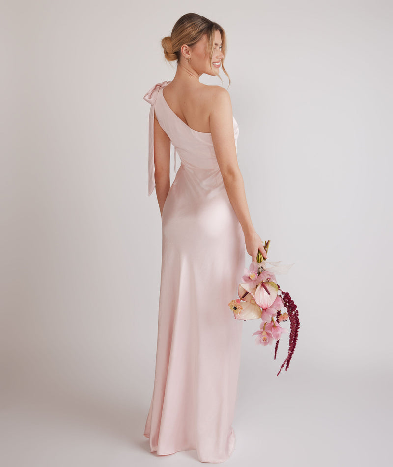 Bow One Shoulder Satin Bridesmaid Dress - Pale Pink