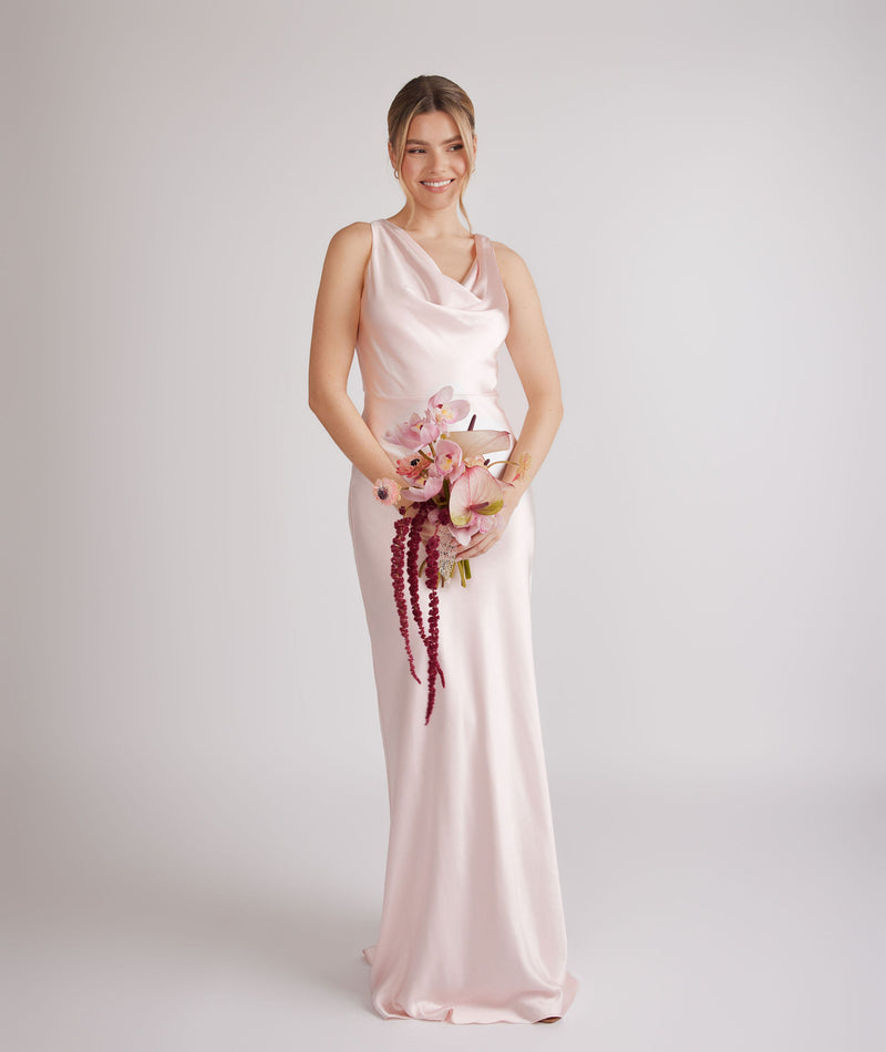 Cowl Front Satin Bridesmaid Dress - Pale Pink