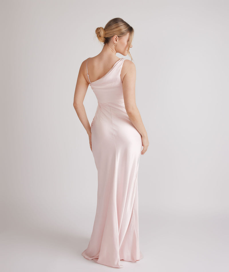 Cowl Front Asymmetrical Satin Bridesmaid Dress - Pale Pink