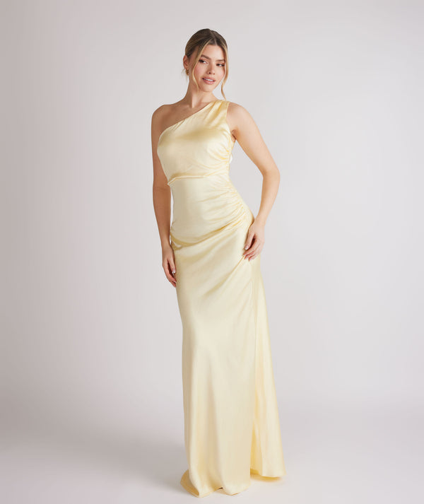 One Shoulder Gathered Satin Bridesmaid Dress - Butter Lemon