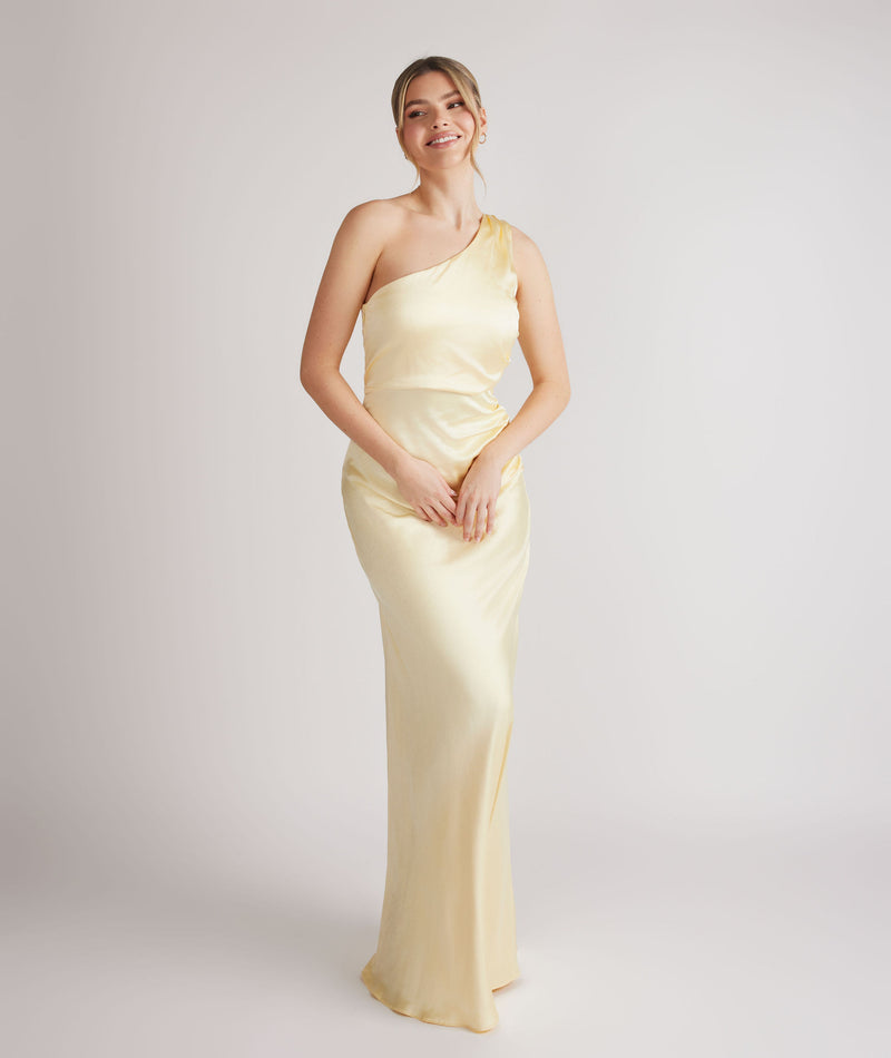 One Shoulder Gathered Satin Bridesmaid Dress - Butter Lemon