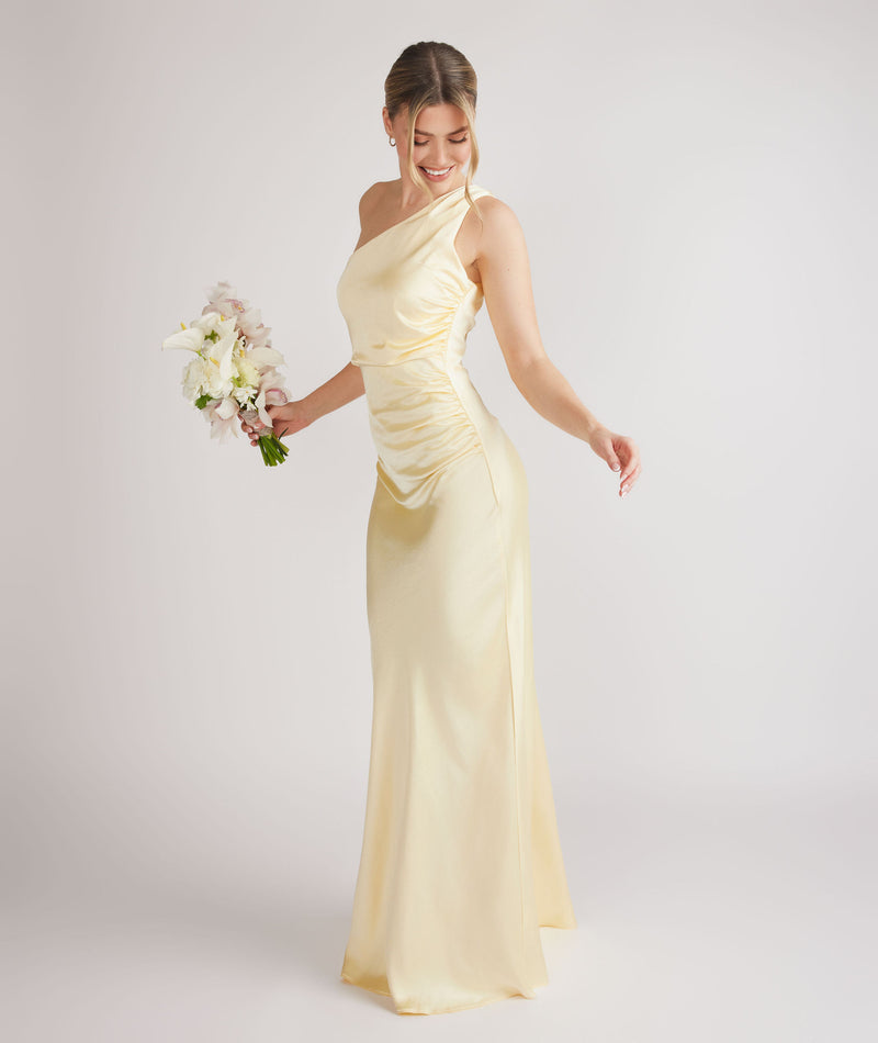 One Shoulder Gathered Satin Bridesmaid Dress - Butter Lemon