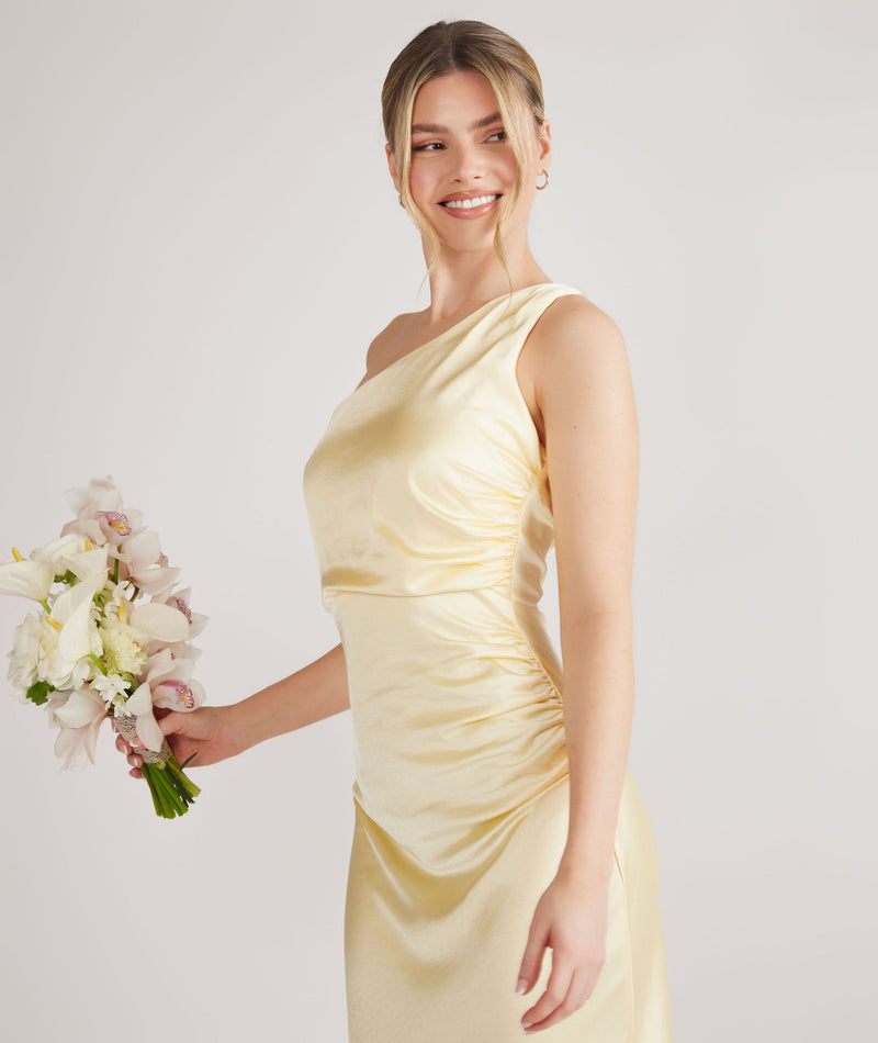 One Shoulder Gathered Satin Bridesmaid Dress - Butter Lemon