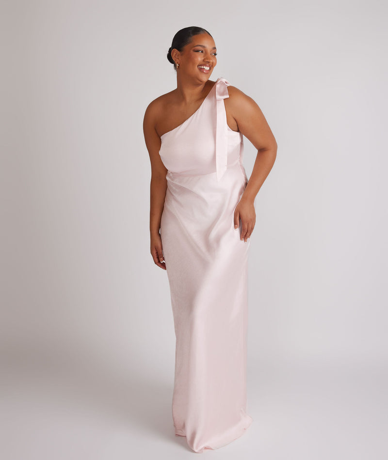 Bow One Shoulder Satin Bridesmaid Dress - Pale Pink