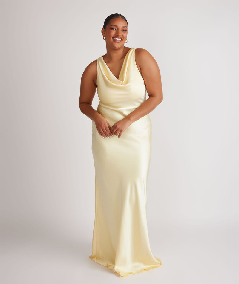 Cowl Front Satin Bridesmaid Dress - Butter Lemon