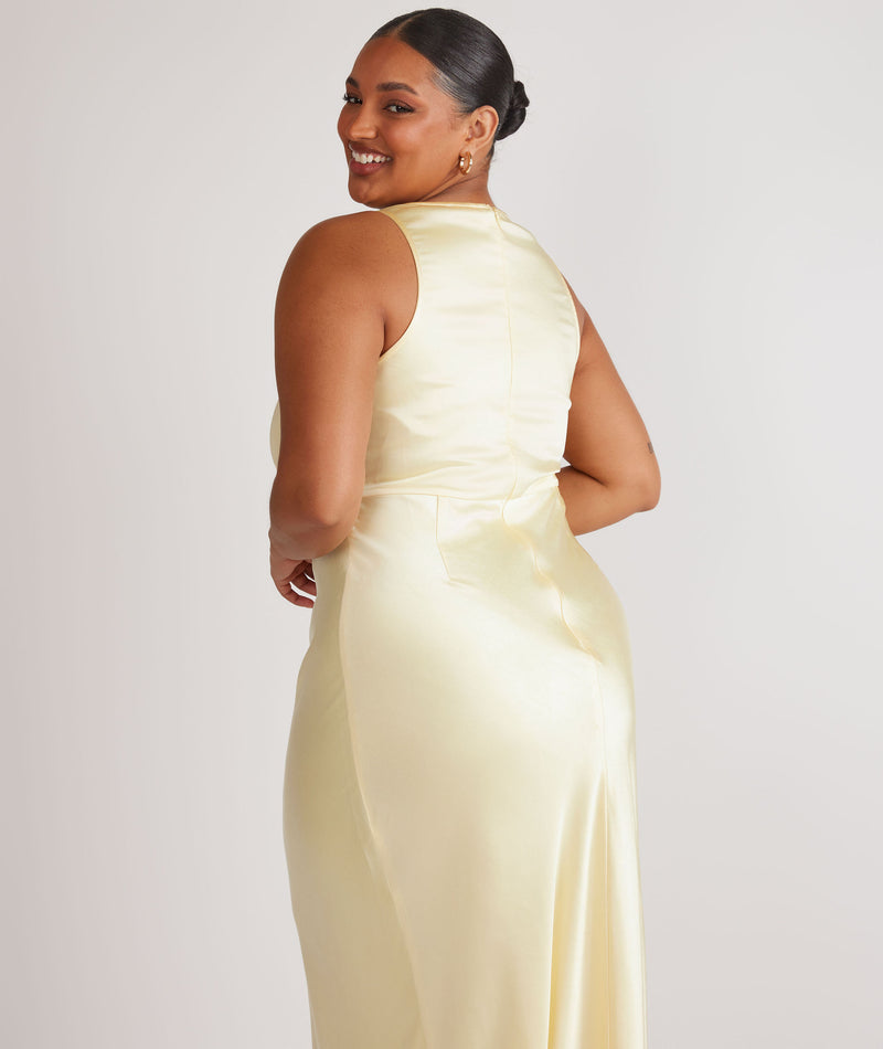 Cowl Front Satin Bridesmaid Dress - Butter Lemon