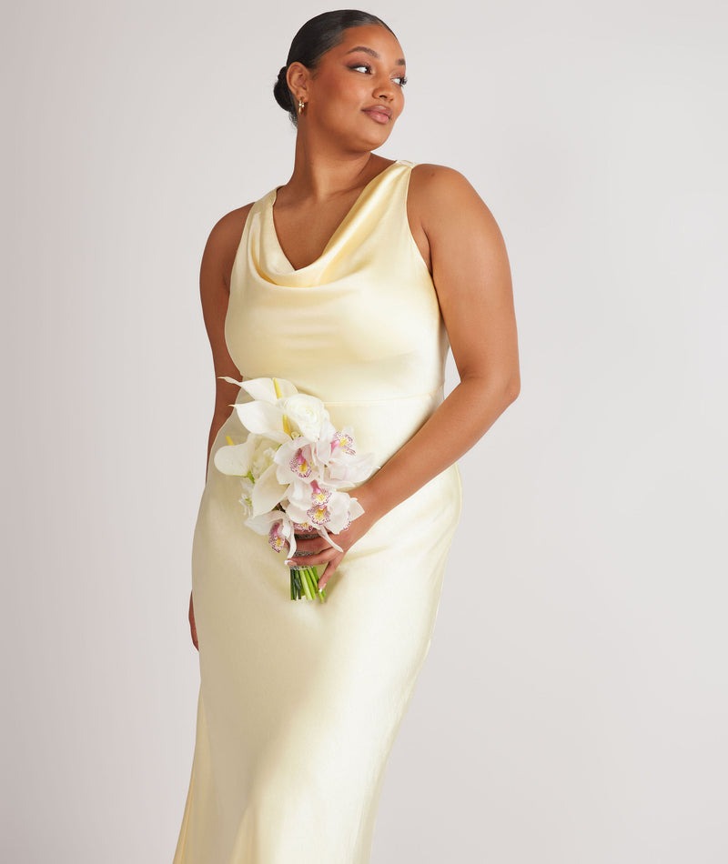 Cowl Front Satin Bridesmaid Dress - Butter Lemon