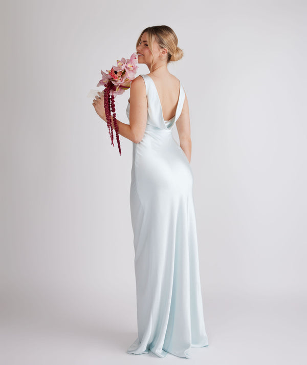 Cowl Back Satin Bridesmaid Dress - Ice Blue