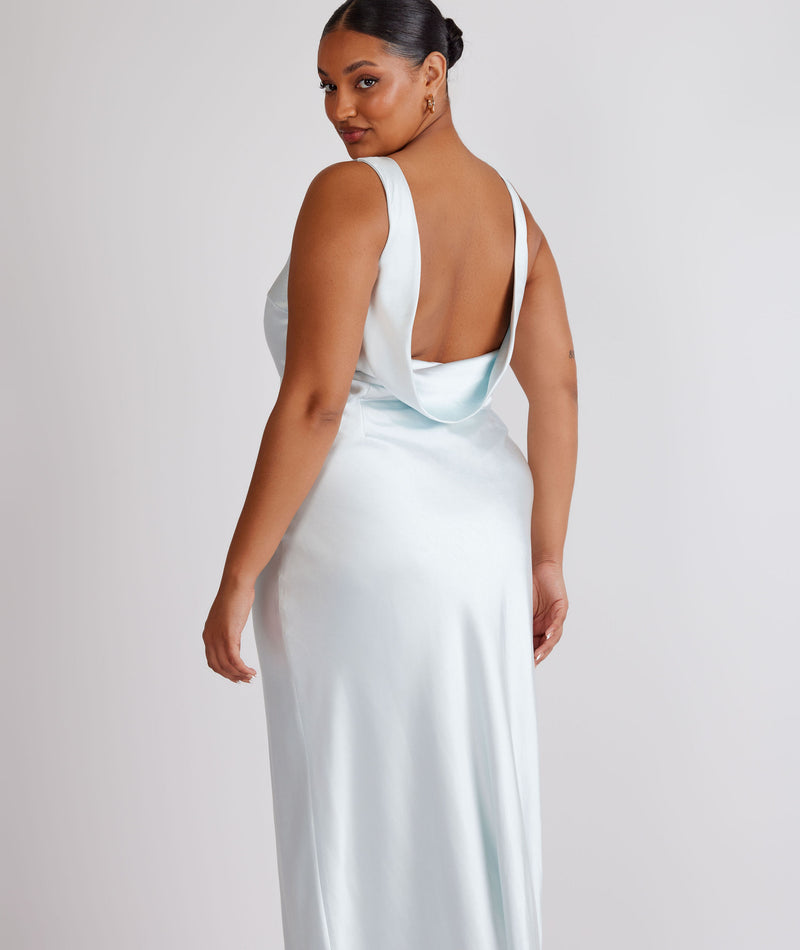 Cowl Back Satin Bridesmaid Dress - Ice Blue