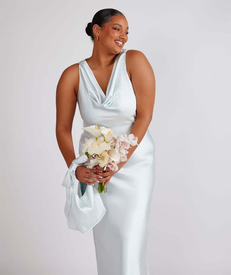 Cowl Front Satin Bridesmaid Dress - Ice Blue