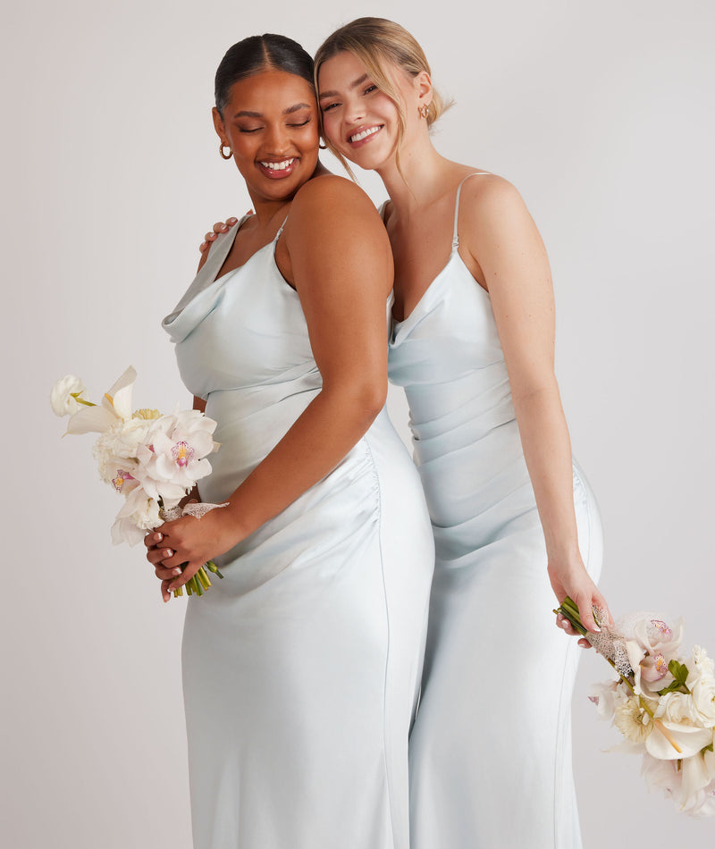 Cowl Front Asymmetrical Satin Bridesmaid Dress - Ice Blue