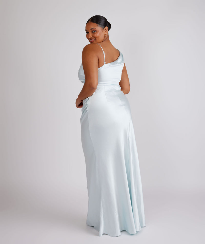 Cowl Front Asymmetrical Satin Bridesmaid Dress - Ice Blue