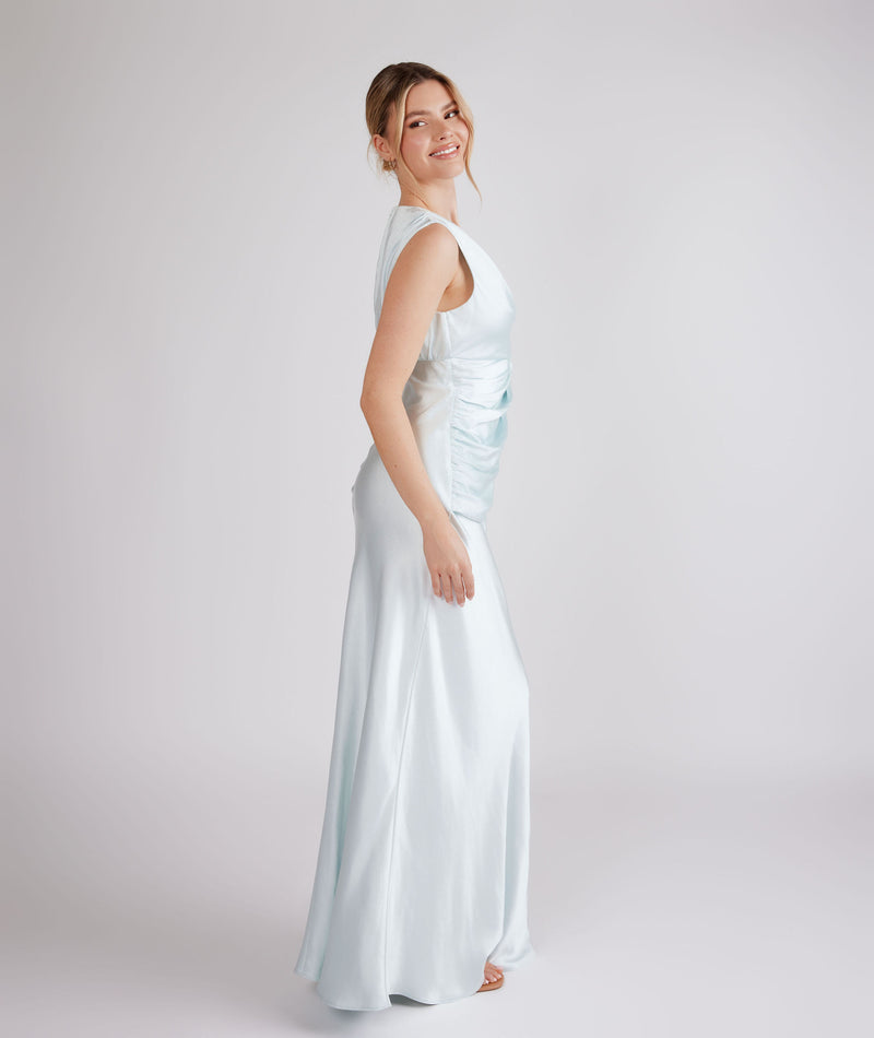 Plunge Drape Detail Satin Bridesmaid Dress - Ice Blue