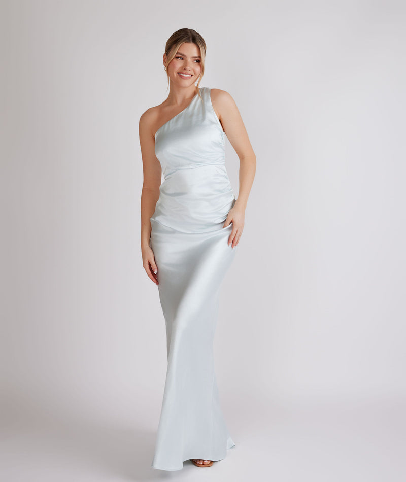 One Shoulder Gathered Satin Bridesmaid Dress - Ice Blue