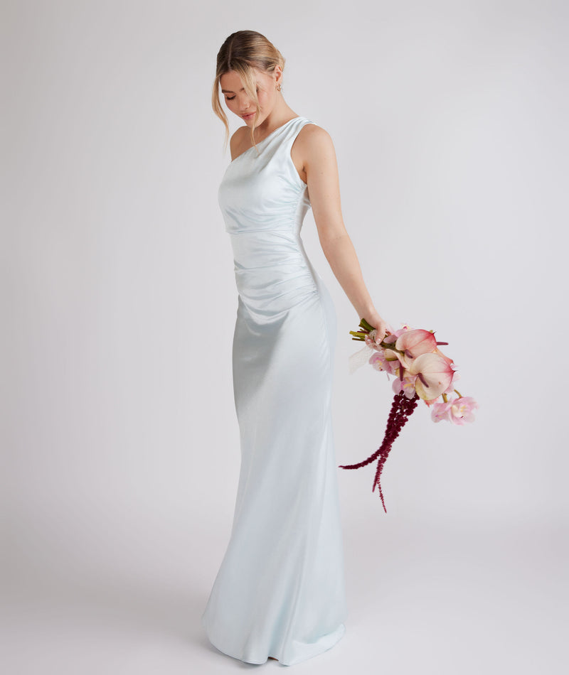 One Shoulder Gathered Satin Bridesmaid Dress - Ice Blue