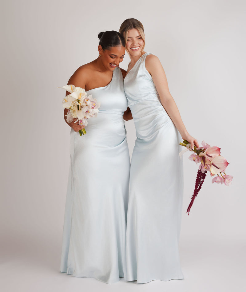 One Shoulder Gathered Satin Bridesmaid Dress - Ice Blue