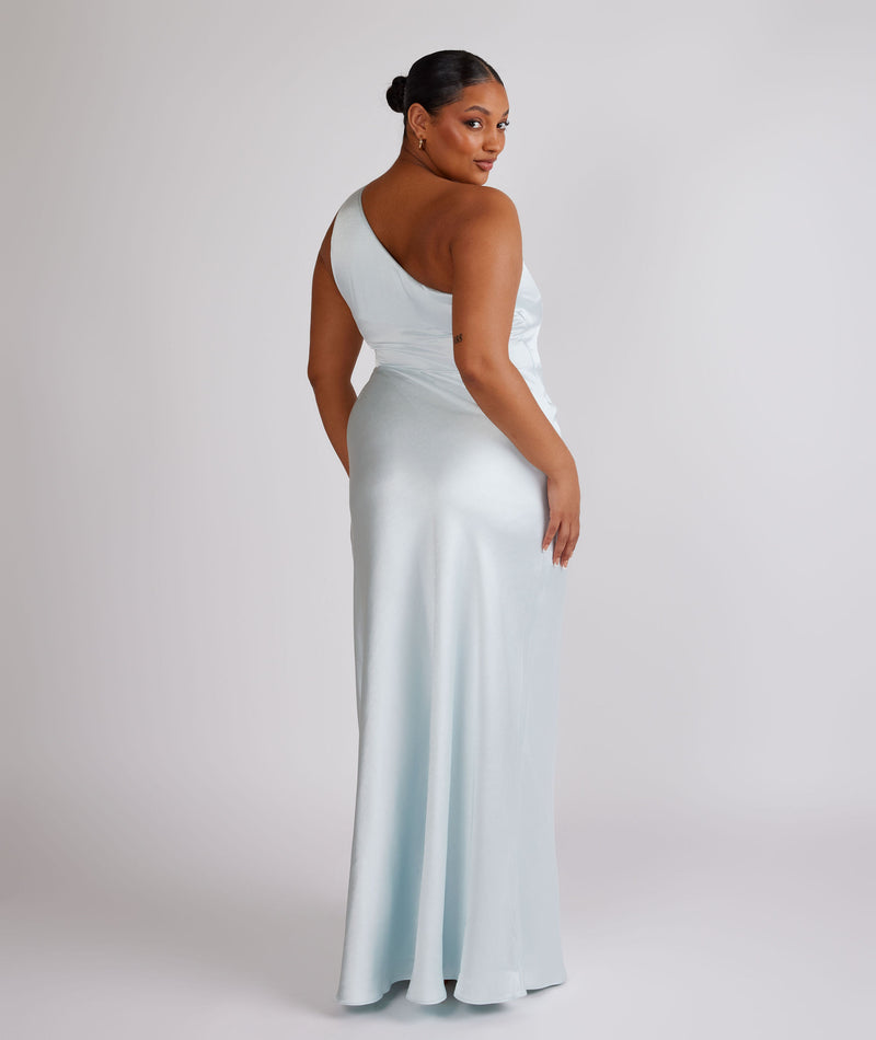 One Shoulder Gathered Satin Bridesmaid Dress - Ice Blue