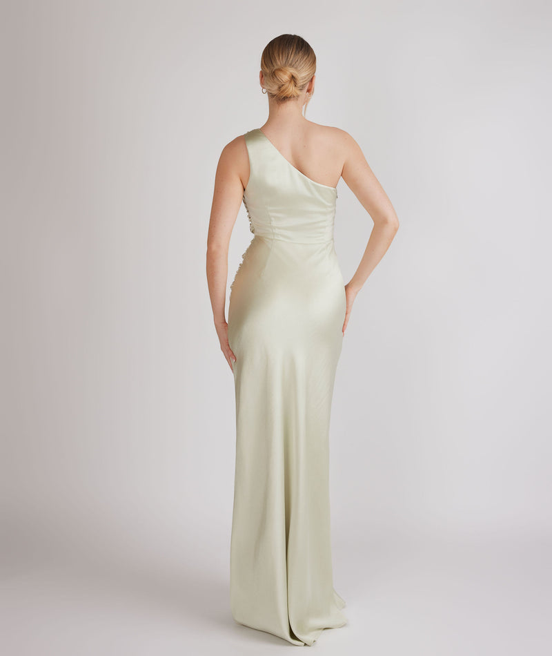 One Shoulder Gathered Satin Bridesmaid Dress - Pear Green