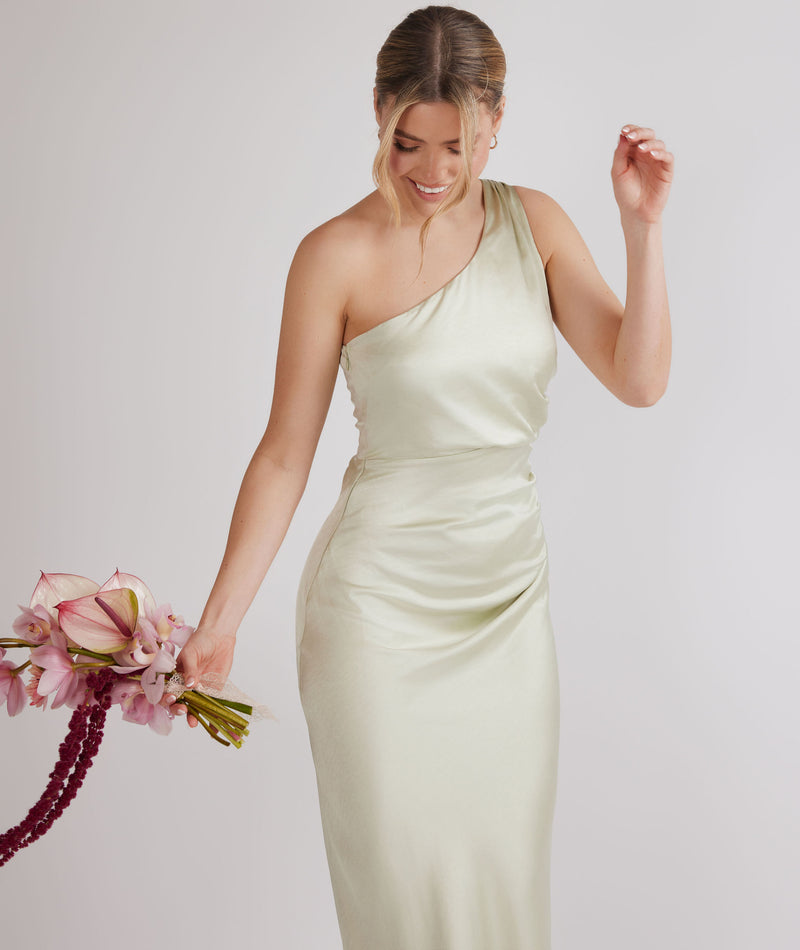 One Shoulder Gathered Satin Bridesmaid Dress - Pear Green