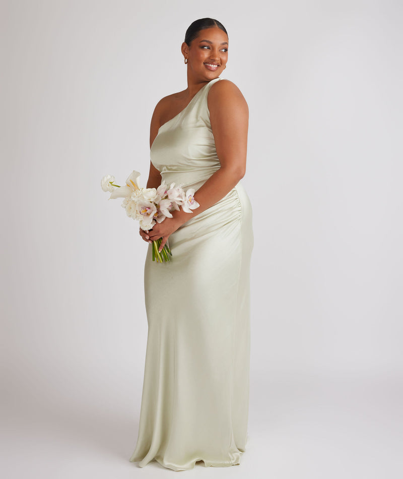 One Shoulder Gathered Satin Bridesmaid Dress - Pear Green