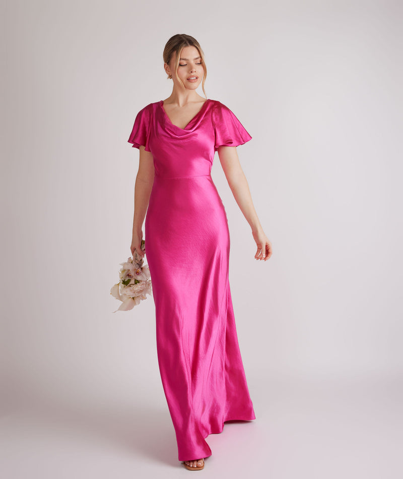 Cowl Front Flutter Sleeve Satin Bridesmaid Dress - Fuchsia Pink